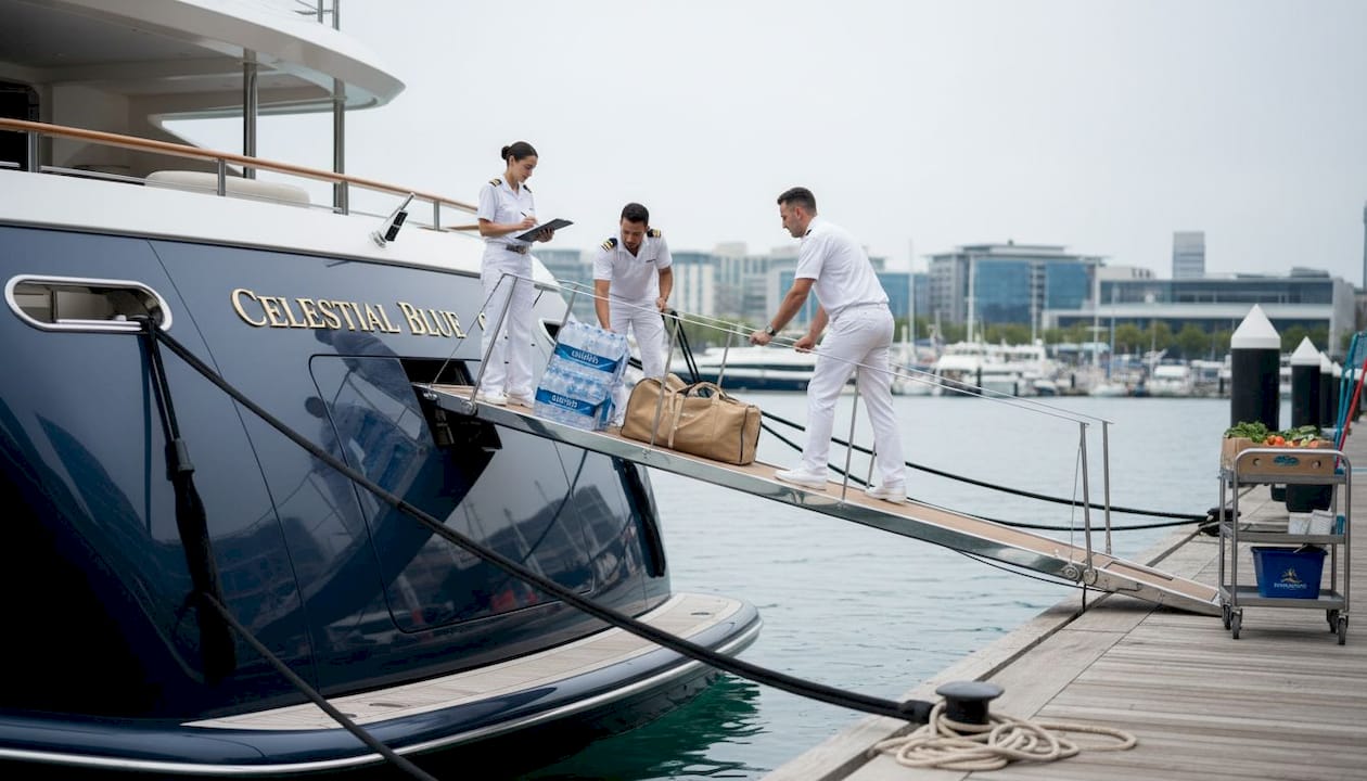 Megayacht crew loading supplies at marina