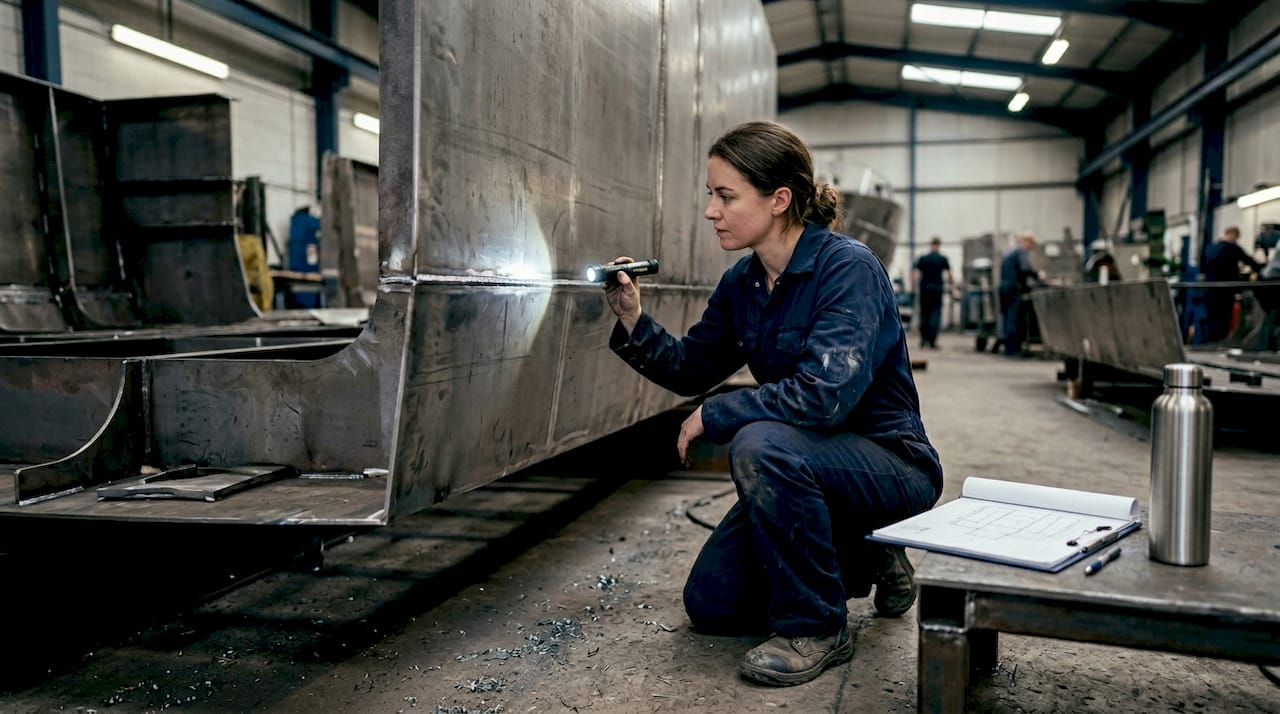Marine engineer inspecting yacht hull welds