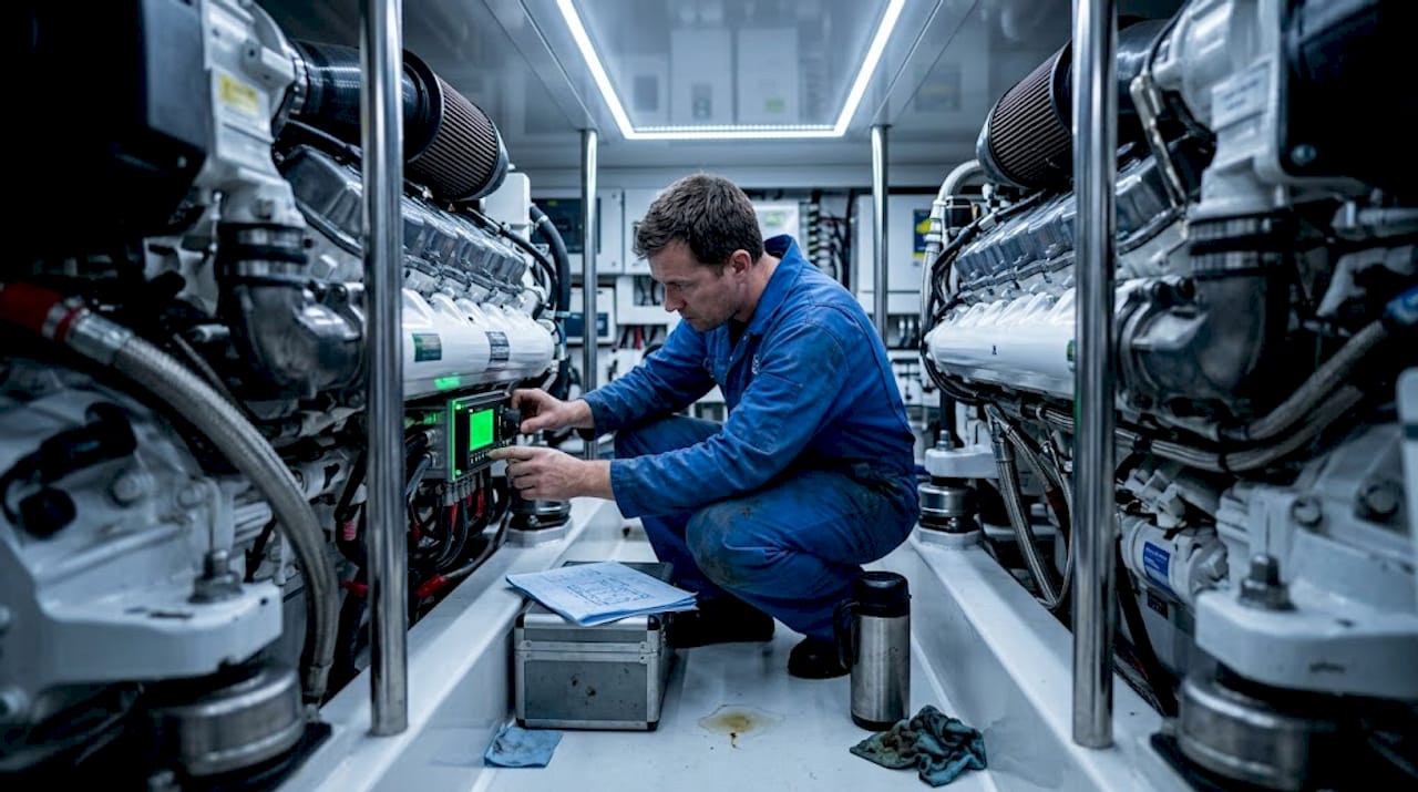 Technician adjusts controls in yacht engine room
