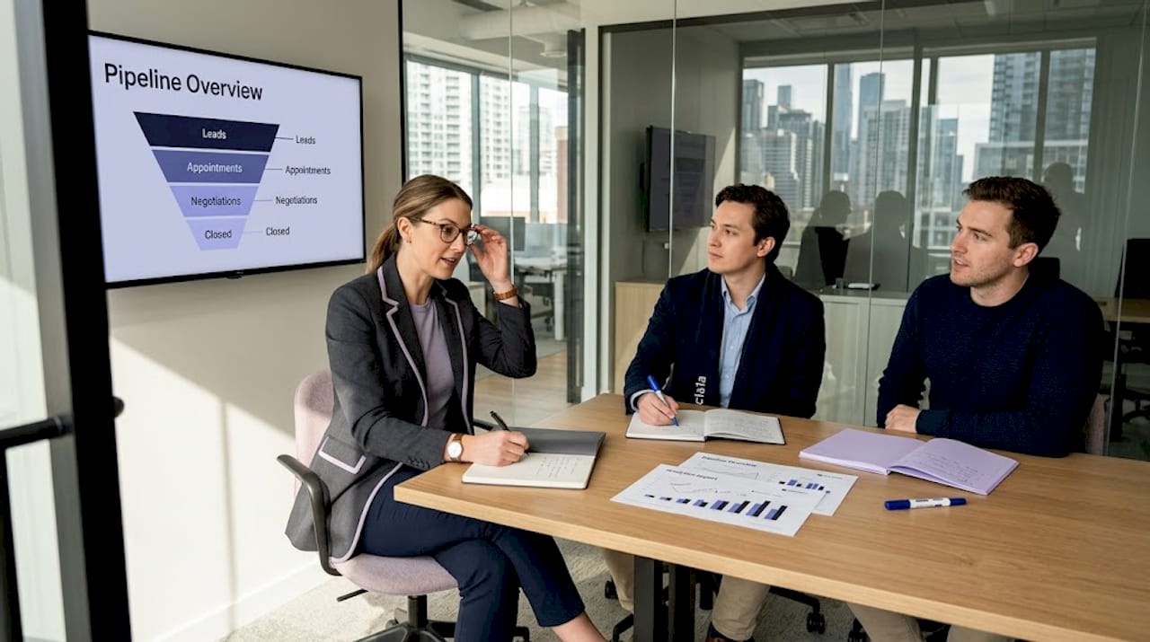 Real estate team reviewing visual pipeline data