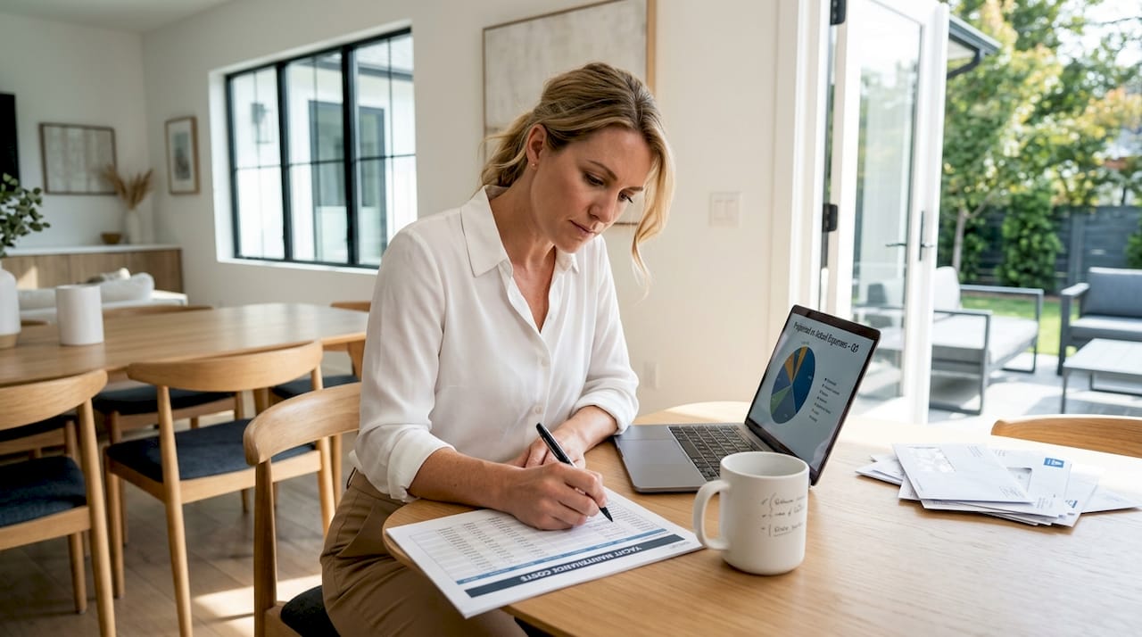 Woman reviewing yacht costs at home table