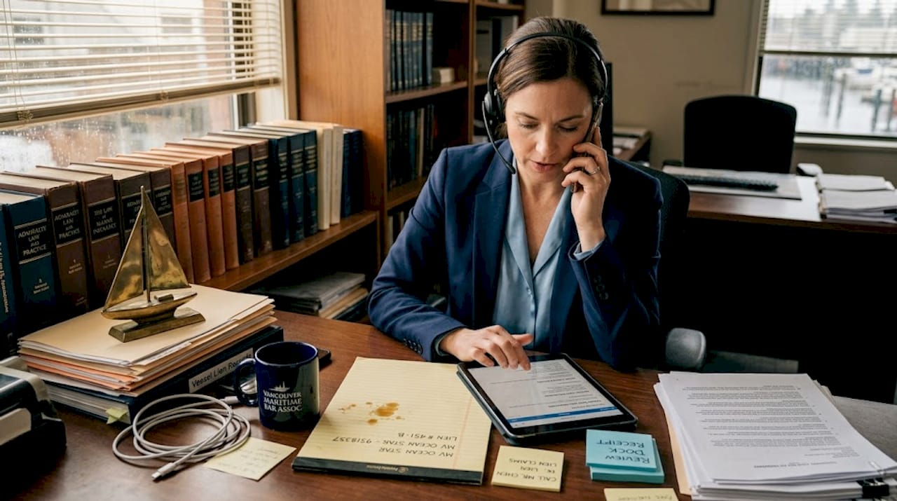 Maritime lawyer checking yacht transaction paperwork