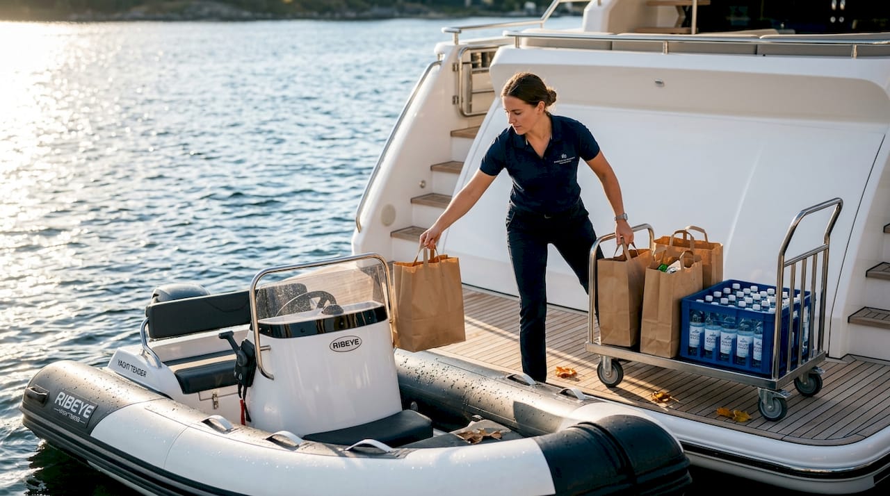 Crew loads supplies onto yacht tender