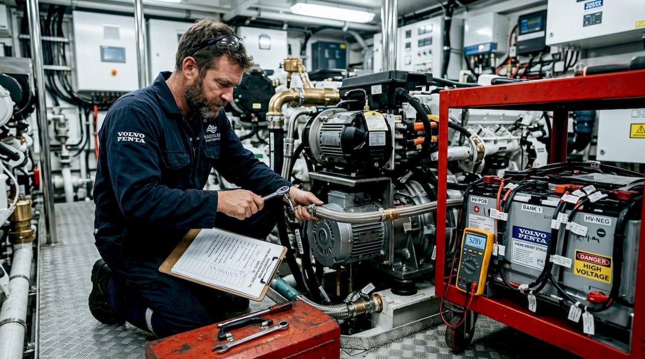 Engineer inspects hybrid yacht propulsion system
