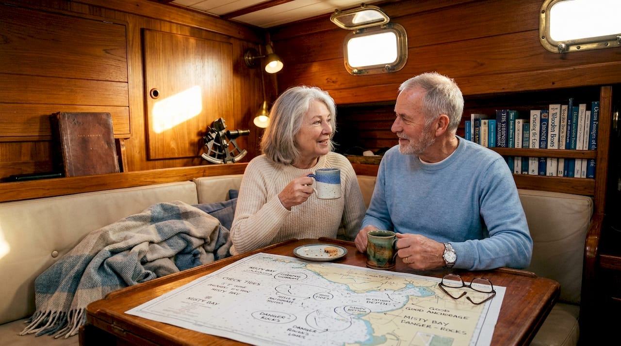 Couple relaxing in vintage yacht lounge