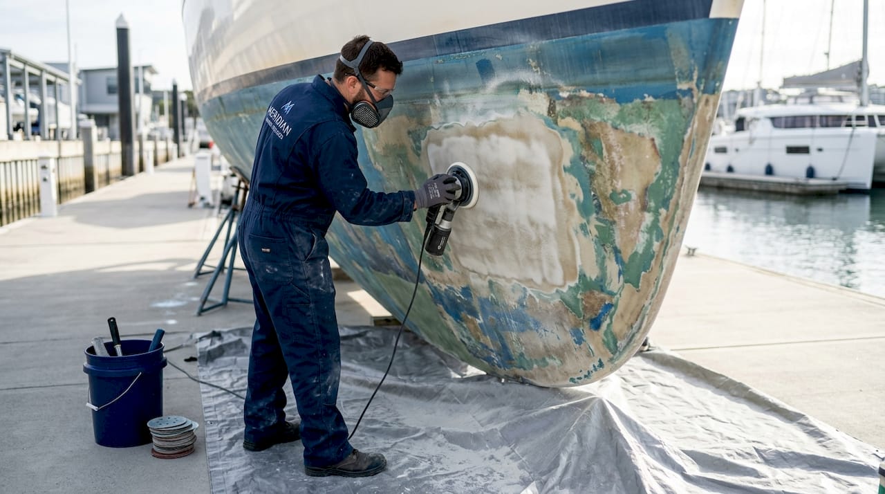 Worker sanding yacht hull at dock