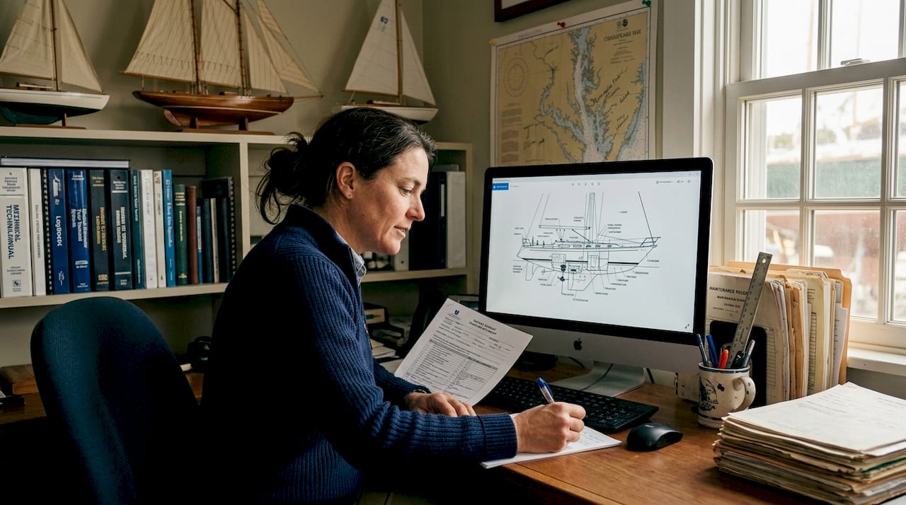 Certified yacht surveyor reviewing report in office