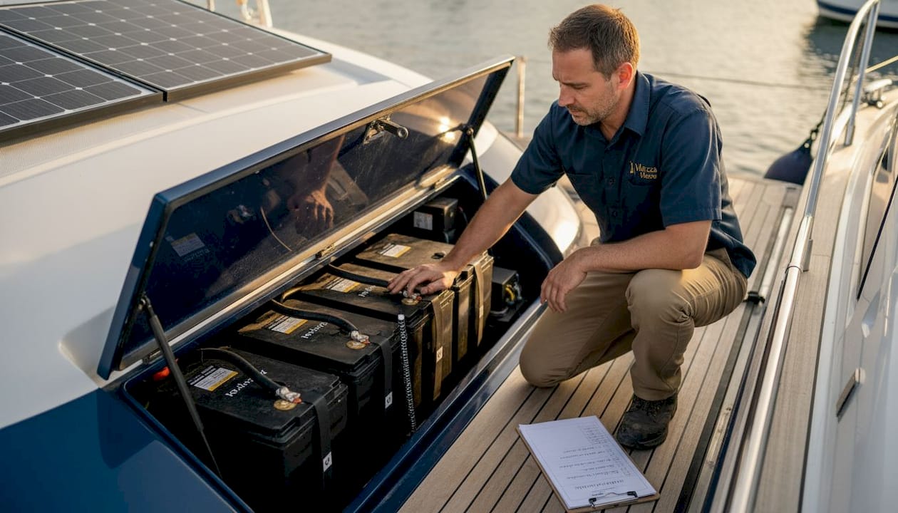 Technician inspects solar batteries upgrade