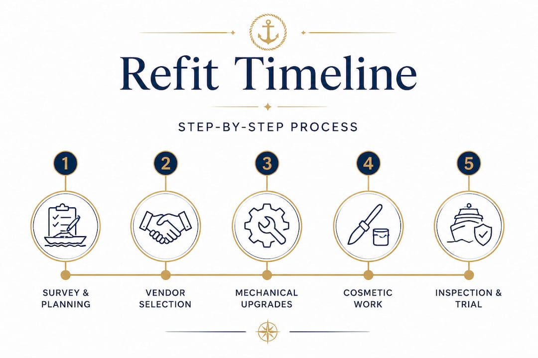 Step-by-step sportfish refit process timeline infographic