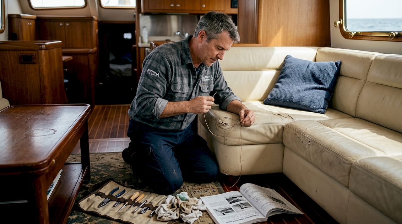 Technician repairing yacht salon upholstery details