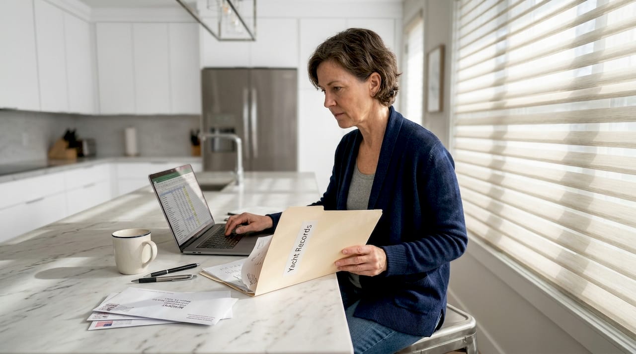 Woman reviewing yacht depreciation paperwork at kitchen