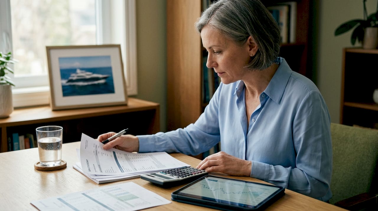 Woman reviewing financial documents for yacht
