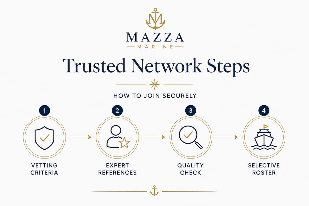 Infographic showing marine vendor network evaluation steps