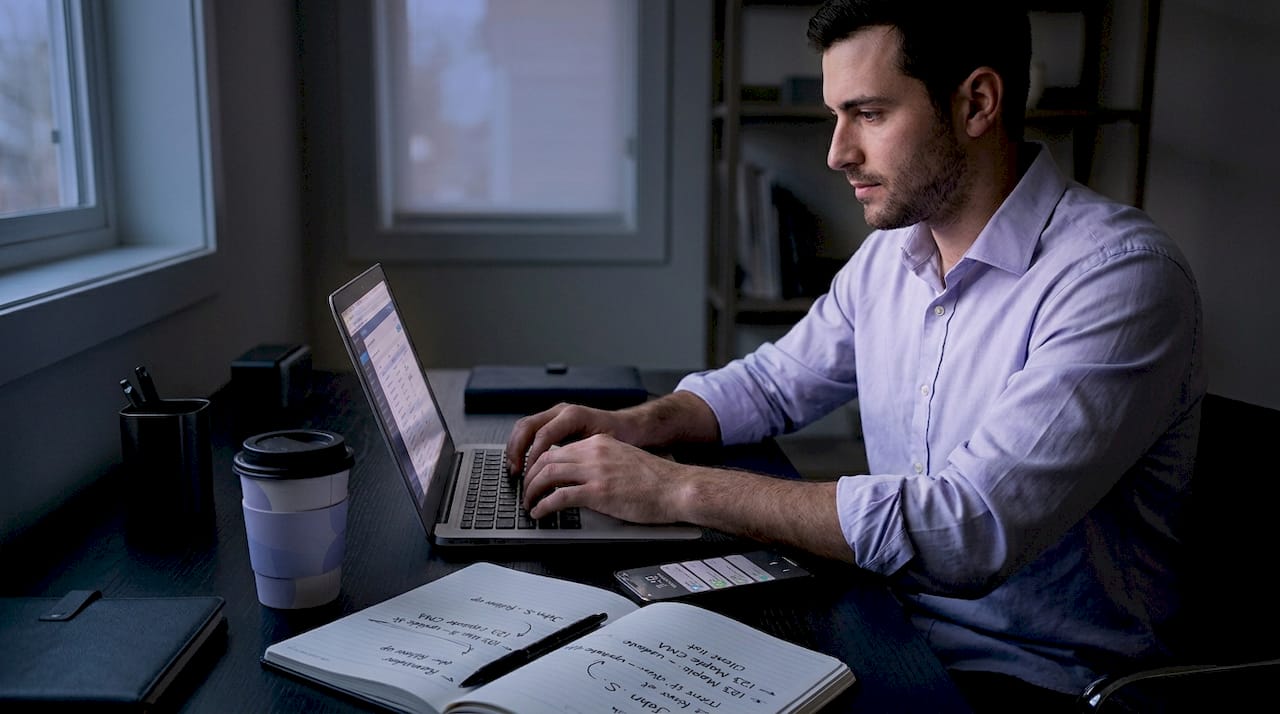 Agent updating client list at home office desk