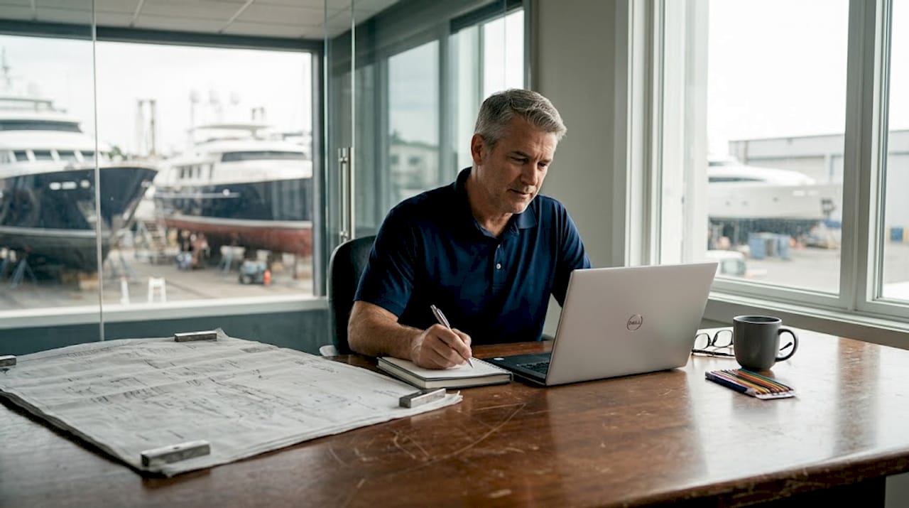 Project manager in shipyard meeting reviewing notes