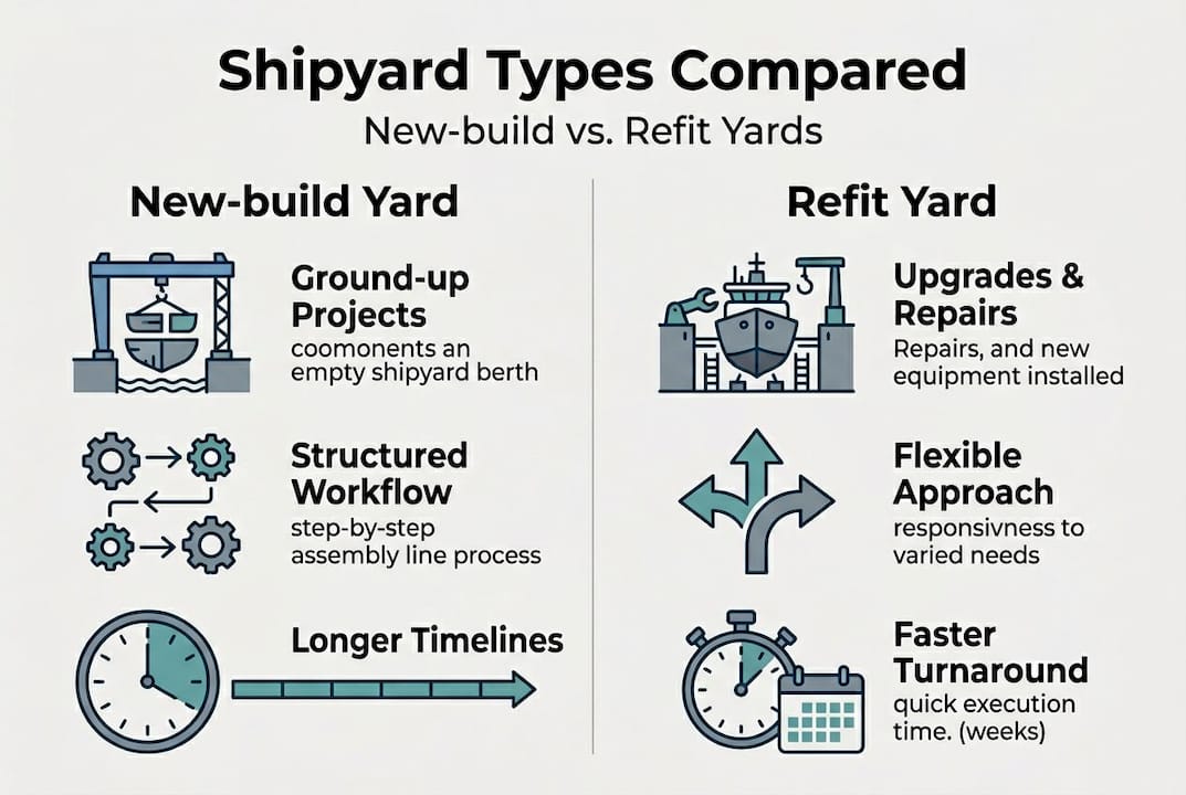 Infographic comparing new-build and refit shipyards