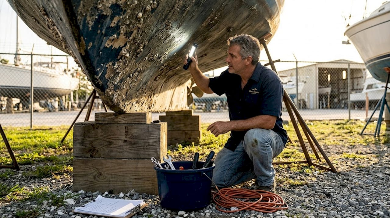 Marine technician inspecting yacht on blocks
