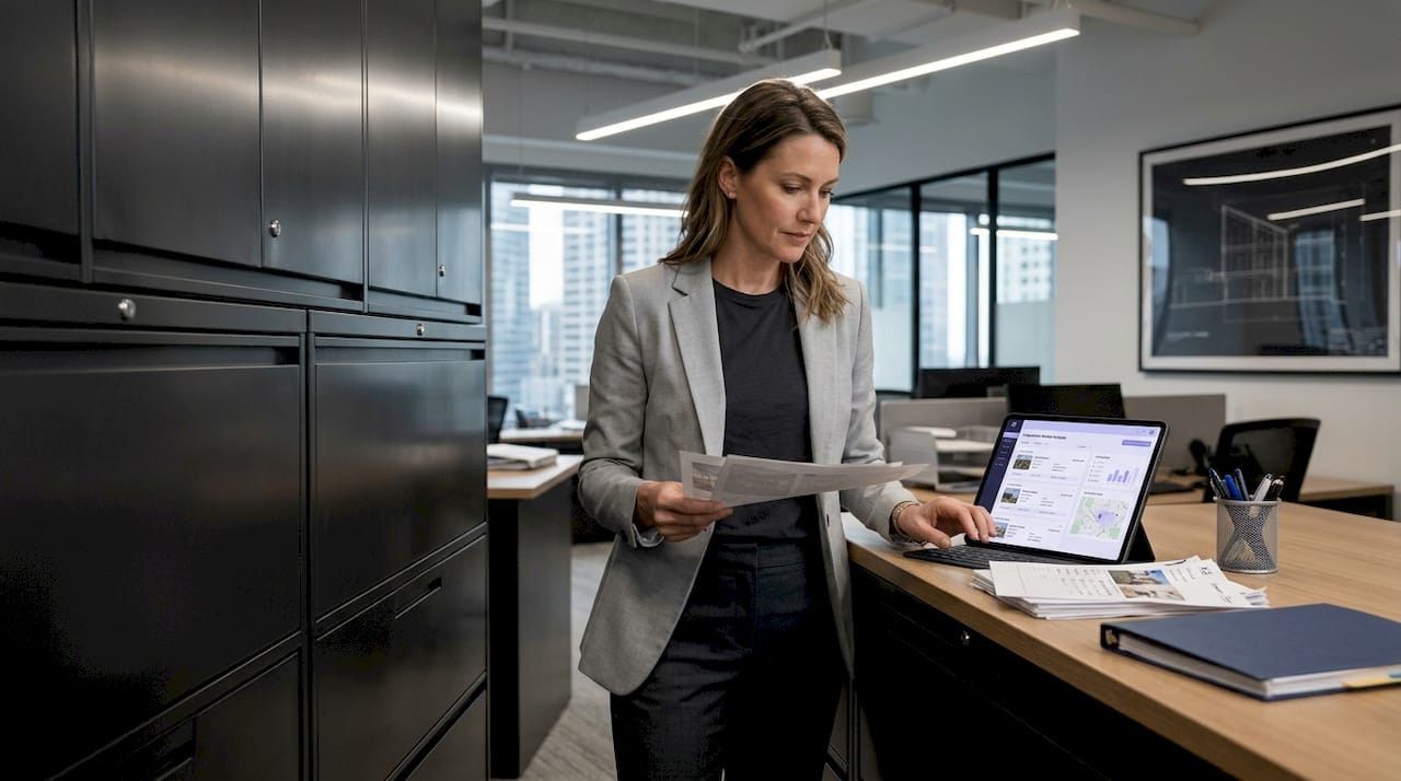 Agent checking CMA printouts and tablet