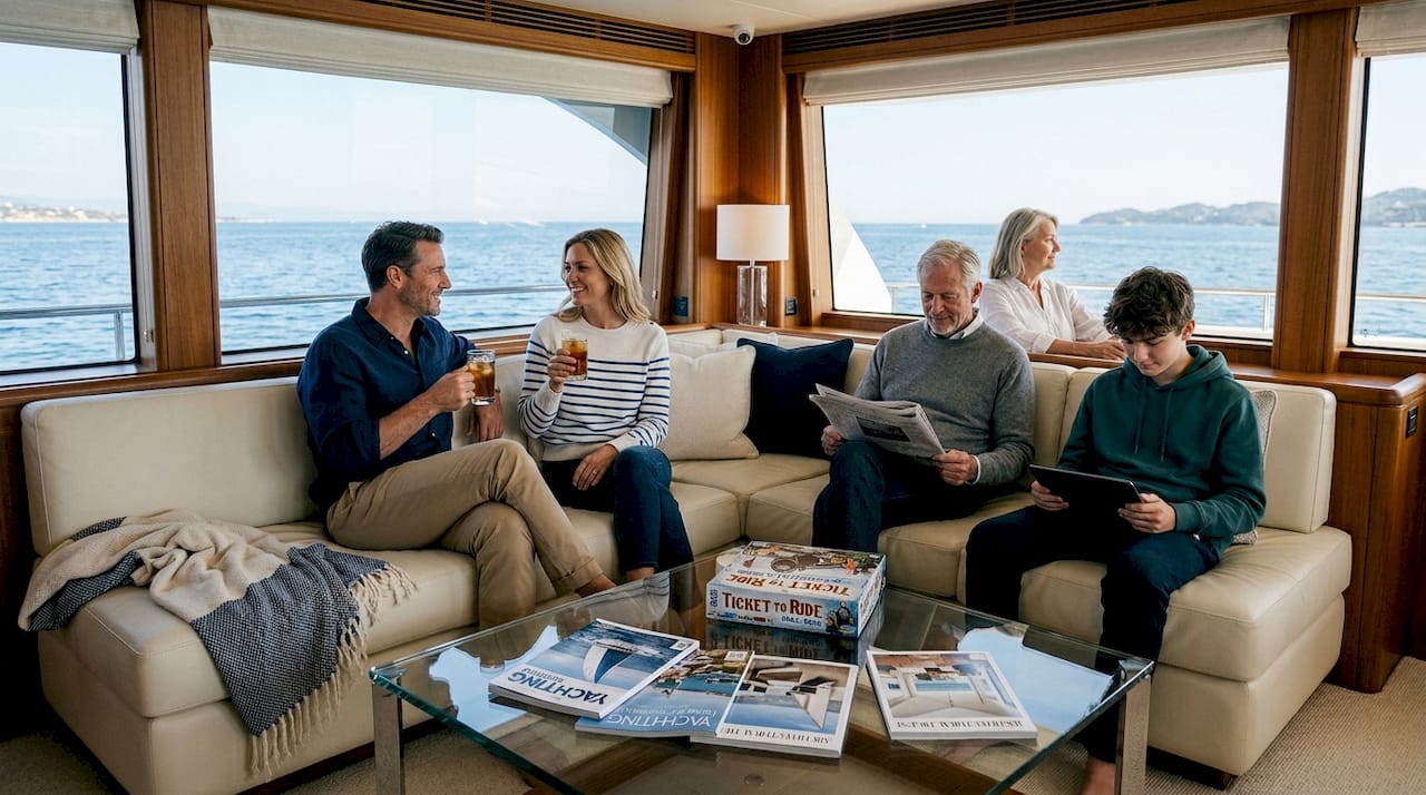 Family enjoying tech features in yacht salon