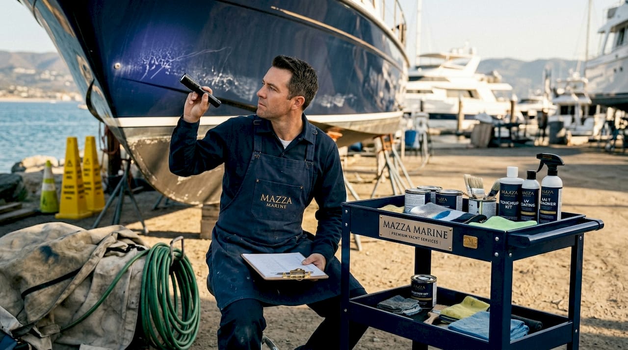 Technician checking yacht hull paint durability