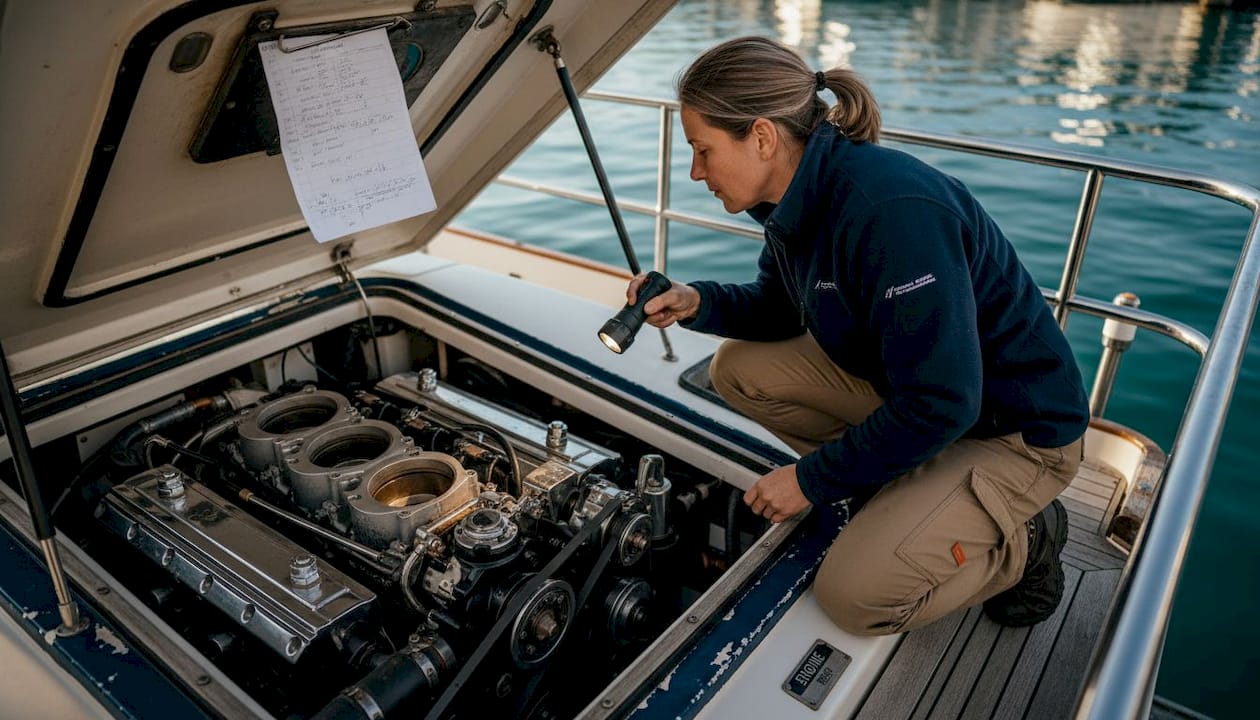 Engineer inspecting yacht engine hatch