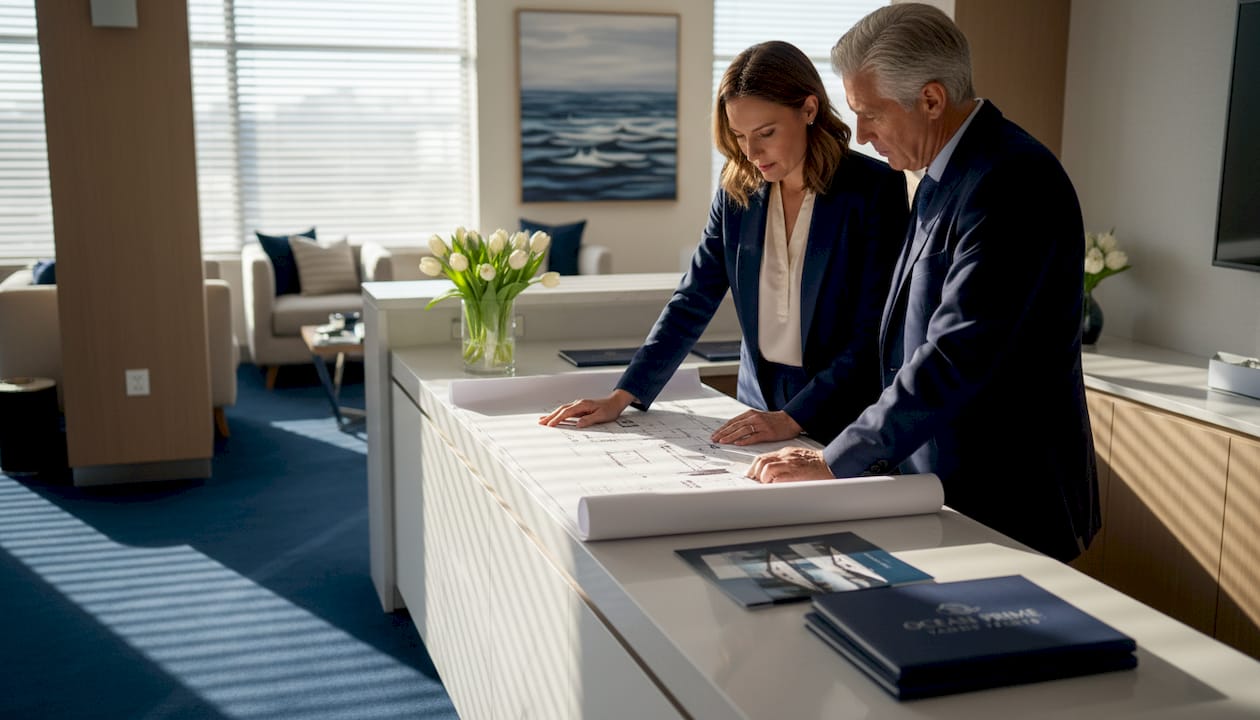 Client liaison discussing blueprint in brokerage office
