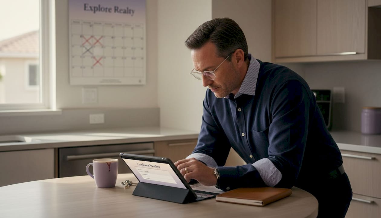 Agent updating CRM dashboard at kitchen table