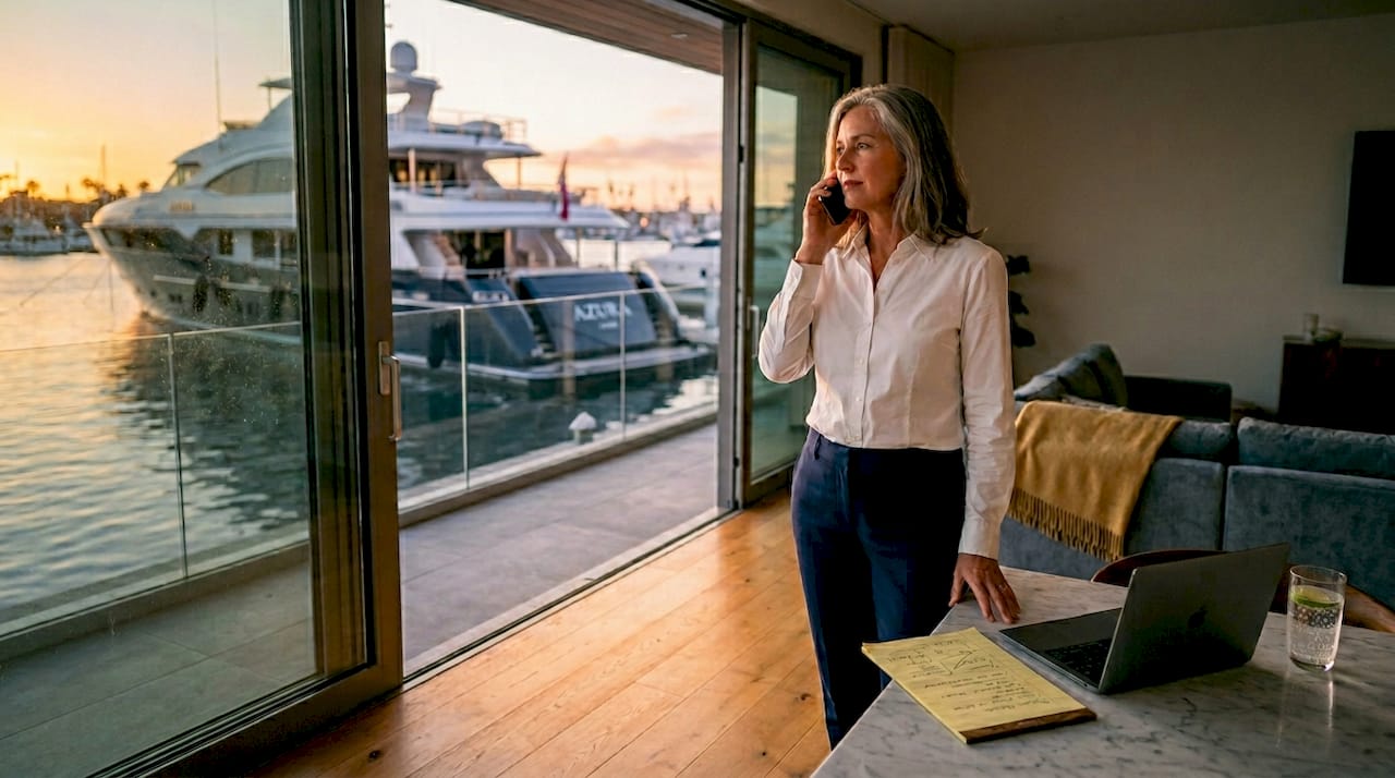 Woman calls legal advisor with yacht visible outside