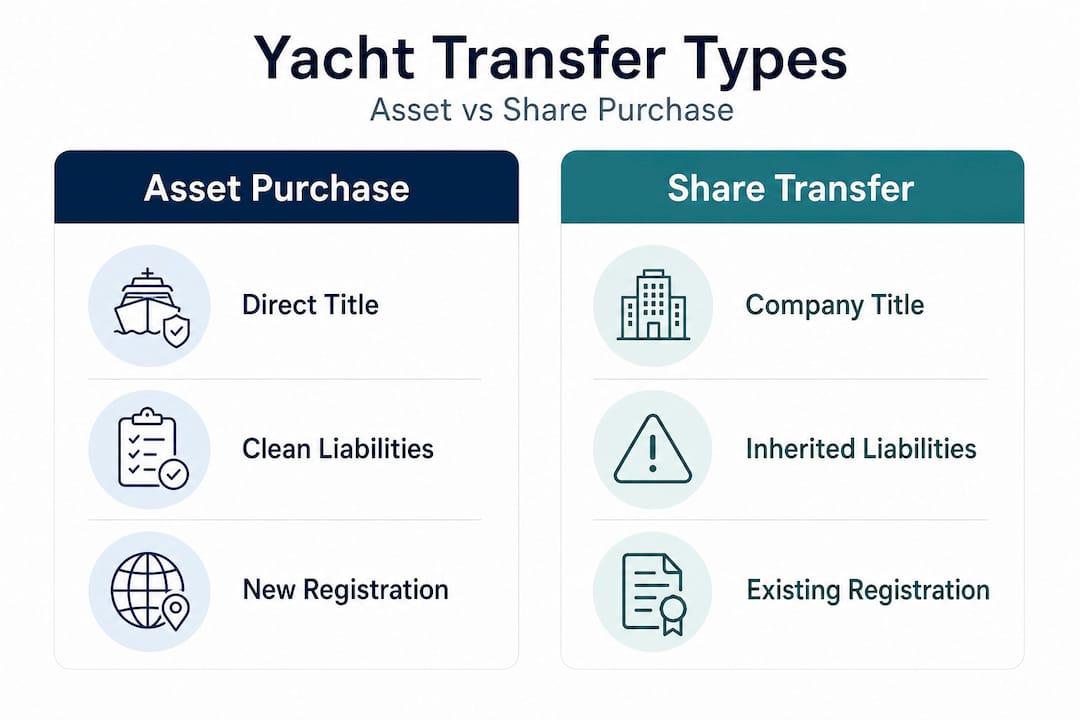 Infographic comparing asset purchase to share transfer for yachts