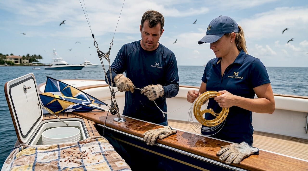 Anglers setting up kite fishing on yacht bow