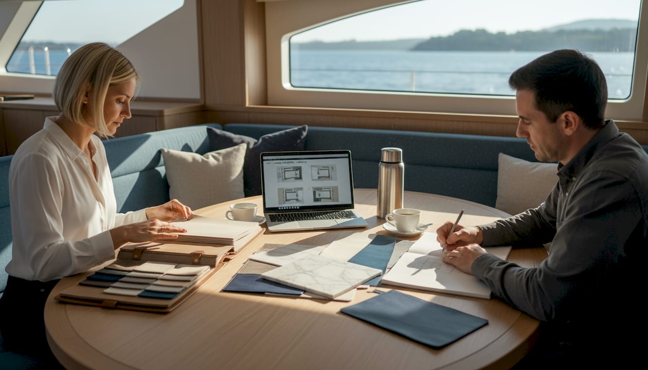 Designers selecting materials inside yacht