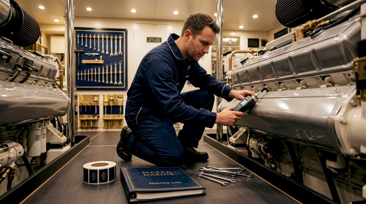 Technician using vibration meter in yacht engine room