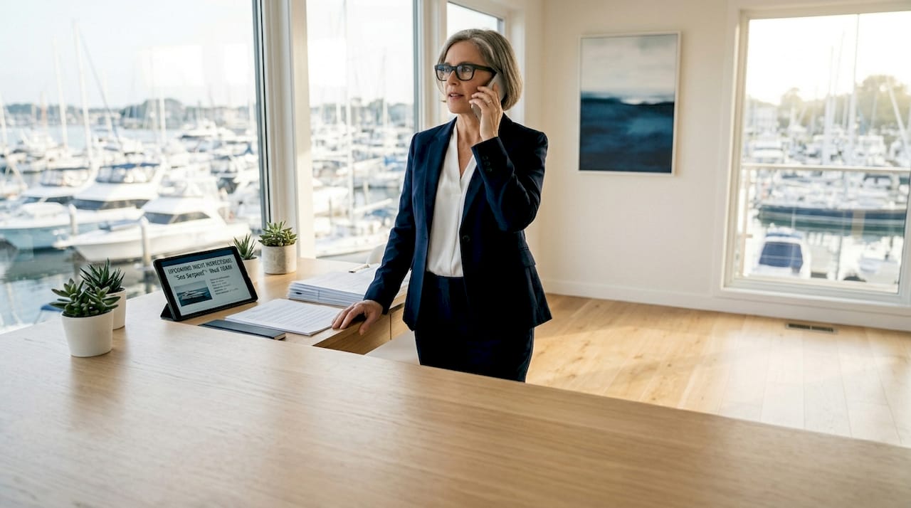 Yacht broker coordinating survey in office