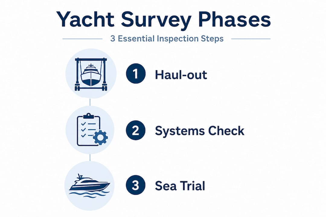Infographic illustrating three yacht survey phases