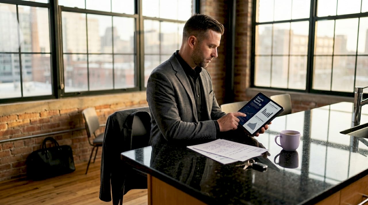 Agent checks market report on kitchen island