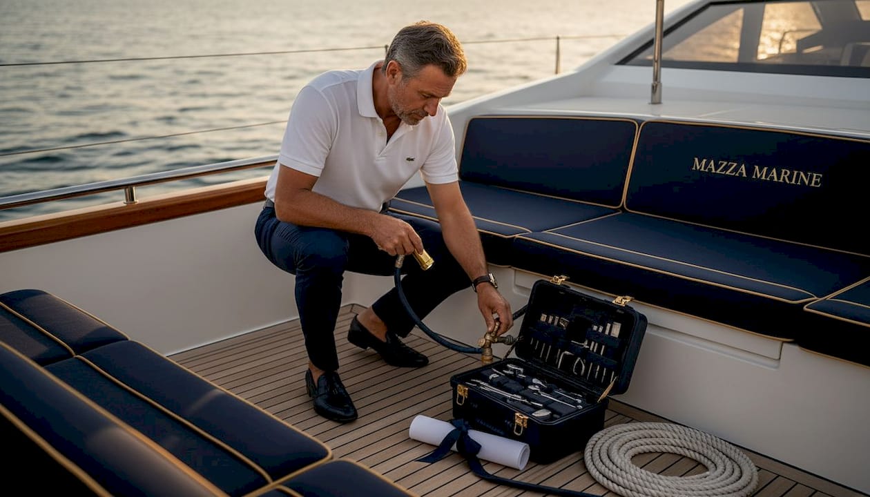 Yacht owner inspects plumbing hose in cabin