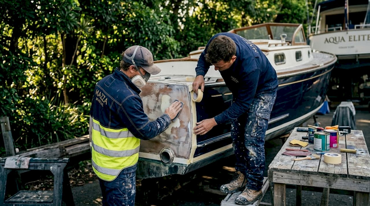 Yacht crew prepping hull for painting