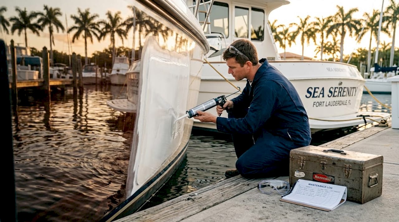 Technician restoring yacht hull surface