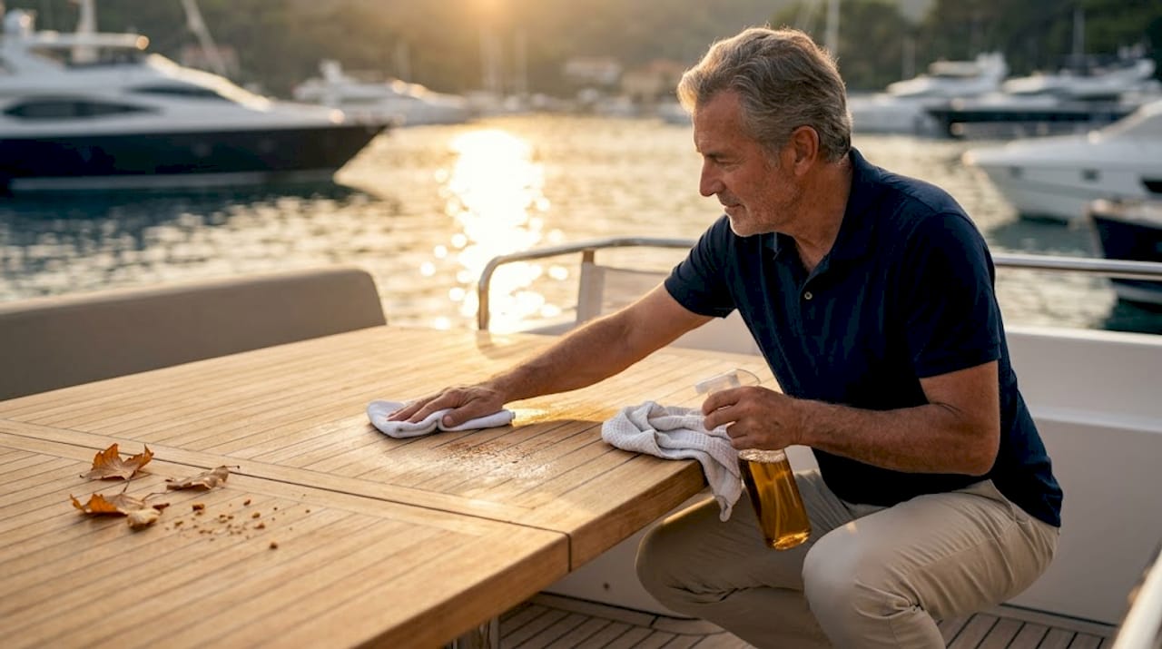 Yacht owner cleaning galley countertop