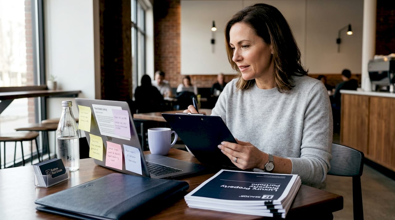 Broker reviewing script for sales call