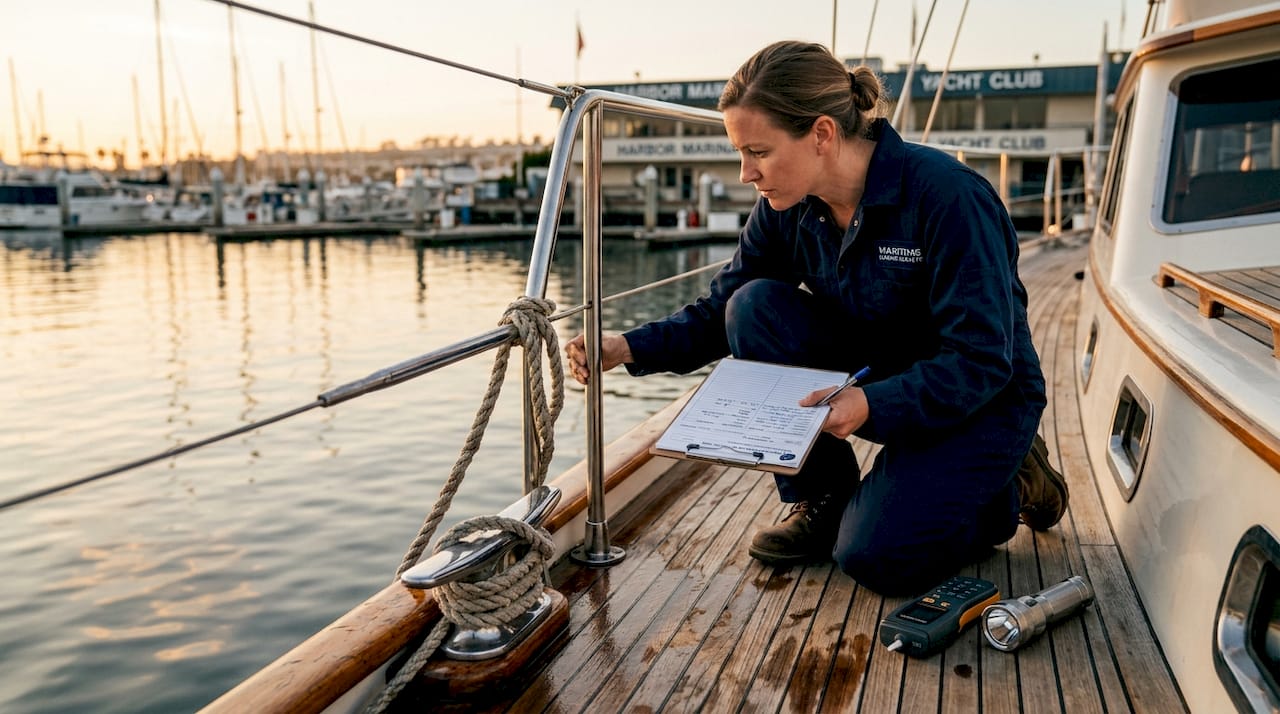 Marine surveyor inspecting yacht deck details