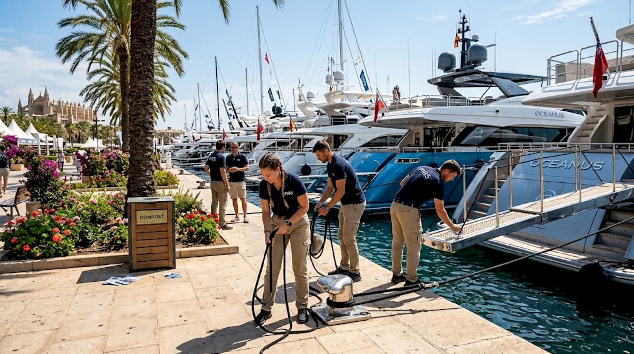 Marina staff securing yachts at Palma show