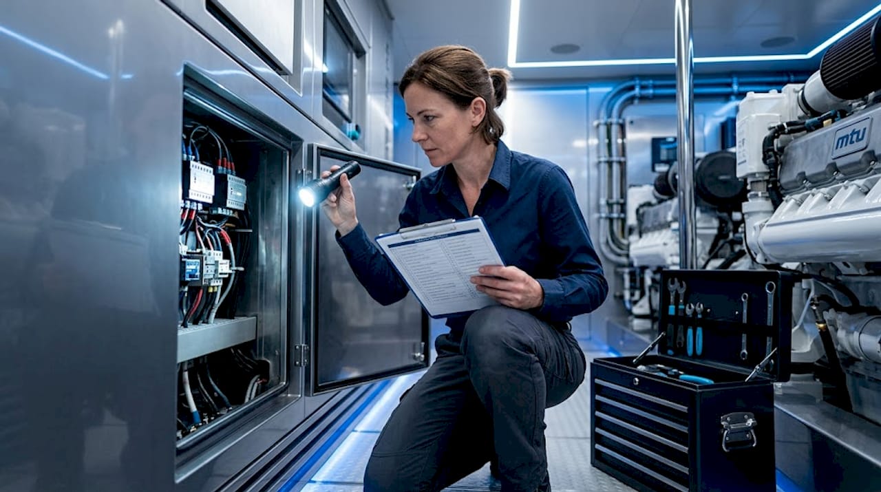 Engineer checks yacht commissioning wiring