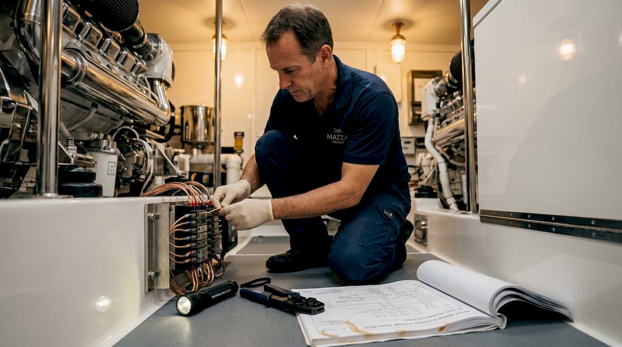Marine electrician installs yacht lighting wiring