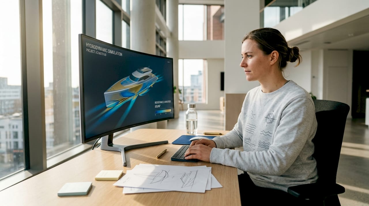Engineer simulating yacht hydrodynamics on computer