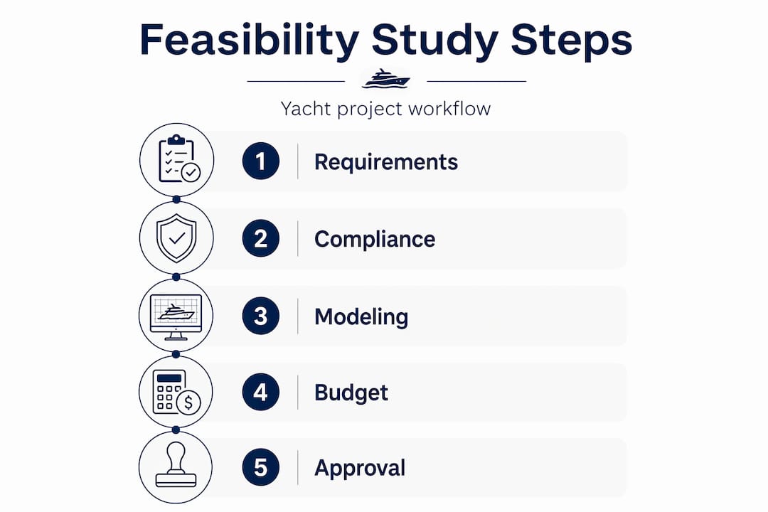 Infographic showing yacht feasibility study process steps