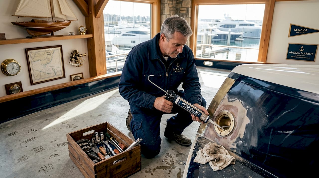 Technician sealing yacht hull fitting