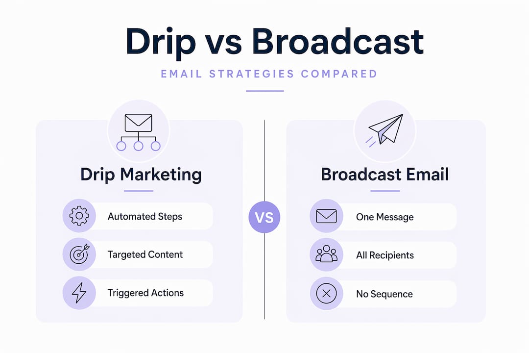 Infographic comparing drip and broadcast emails