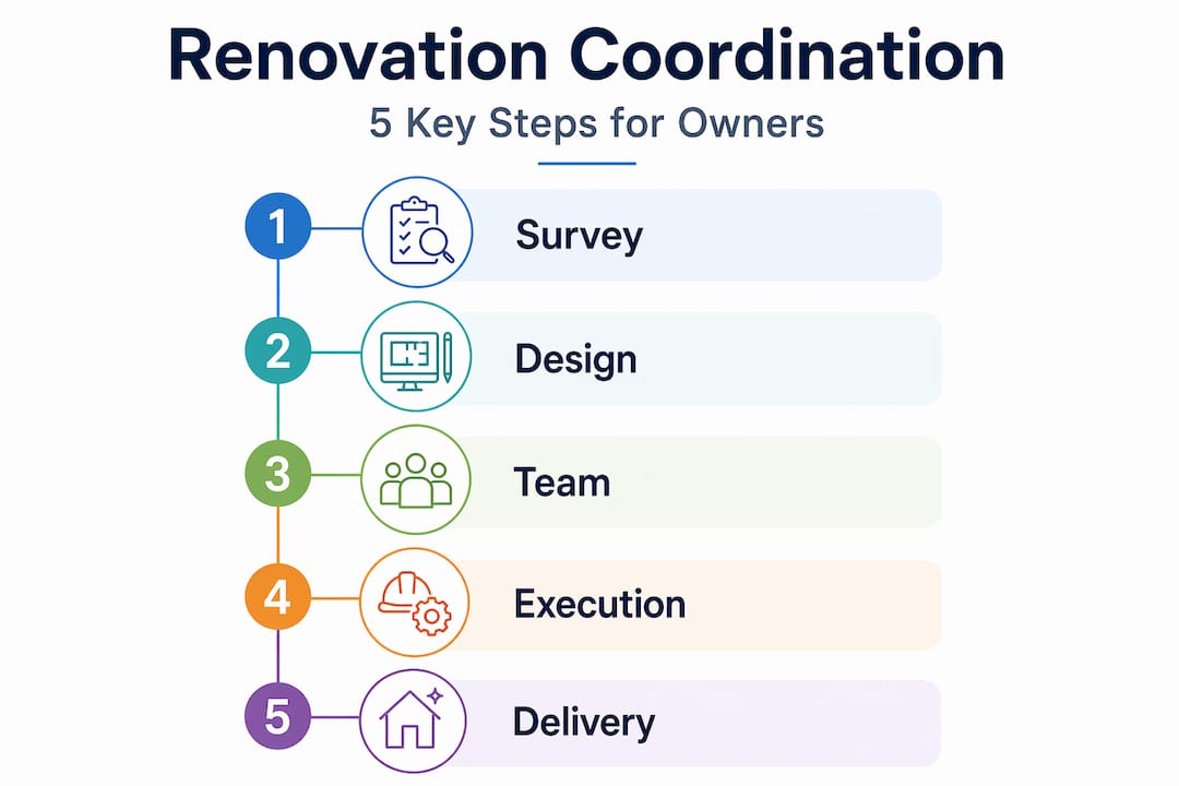 Infographic displaying five steps for yacht renovation coordination