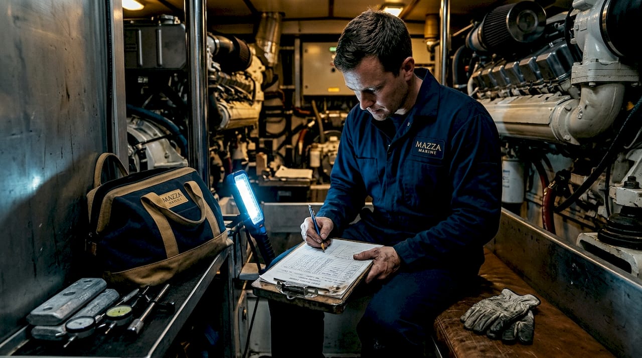 Marine tech reviewing troubleshooting logs